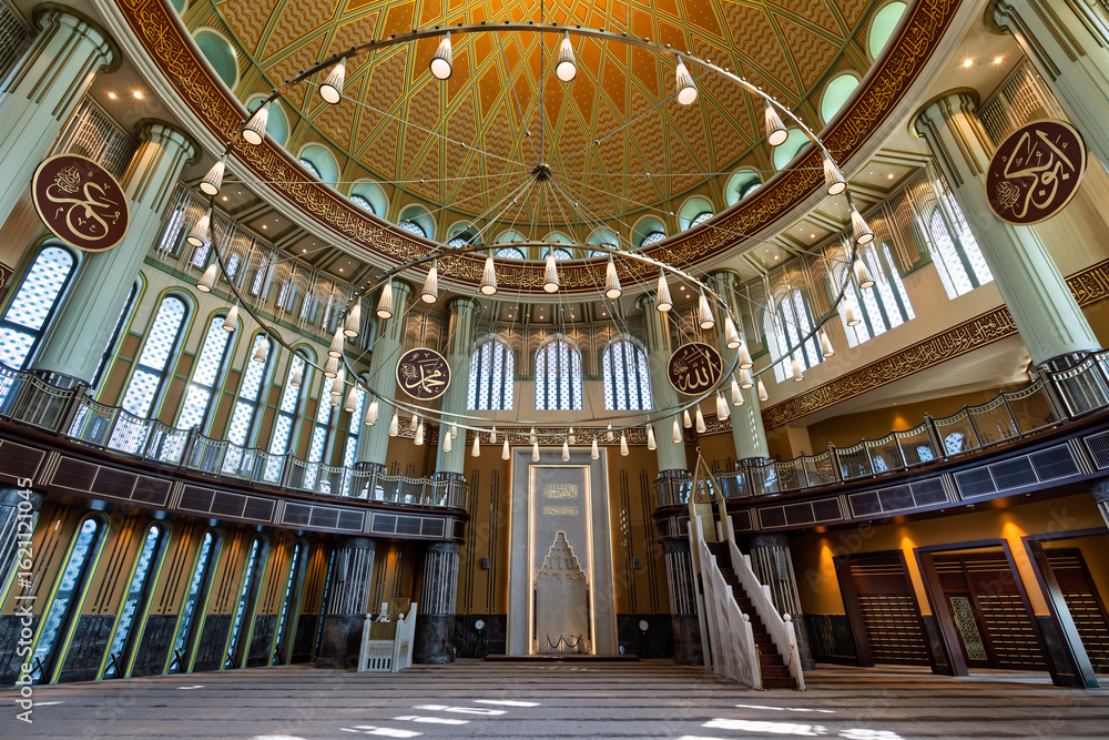 Interior of Taksim Mosque, Istanbul, Turkey. Features grand dome ...
