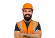 © Man PNG - Smiling construction worker wearing hard hat and safety vest isolated on transparent background