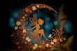 © marini - rusty metal fairy silhouette, sitting on crescent moon, intricate cut-out details