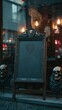 © Valentyna Prudnikova - Vintage gothic chalkboard menu with ornate frame, flanked by eerie skull sculptures in dimly lit atmospheric setting with hanging Edison bulbs