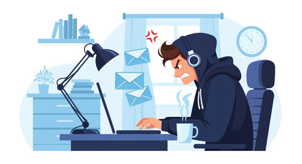 Frustrated coder overwhelmed by email overload working late at night concept