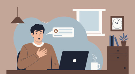 Astonished Man Receiving Unexpected Social Media Message On Laptop At Home