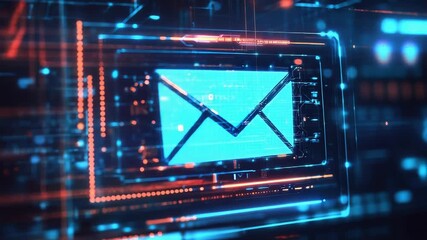 Futuristic email icon glowing on digital interface in cyberspace