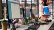 © DC Studio - PC displays in empty call center office where unsatisfied customers call to solve technical problems. Customer support workspace computer monitors on desk used for handling clients complaints