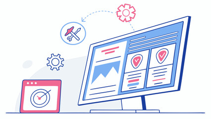 Website development and design on computer monitor with optimization process, seo target, protection shield, web page interface isolated on white background
