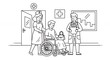 © Mbah - Medical Team Assisting Patient in Wheelchair Hand Drawn Sketch Line Art Illustration with Nurse and Doctor in Monochrome Isolated Design Style, Clean and Simple Vector Style