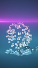 Sticker - animation of growing network of people over hand of robot arm, with pink light on dark background