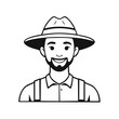 © Nikita - A friendly bearded farmer in a hat and overalls smiling, a simple black and white line art vector portrait.
