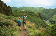 © kieferpix - Mother child hiking enjoying breathtaking view of Hawaiian Oahu mountains, family travel nature adventure concept