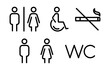 © IRYNA - Set of toilet outline icon showing symbols for male, female, and disabled toilets. Includes WC and no smoking sign. Simple outline vector illustration for restroom signage and UI design.