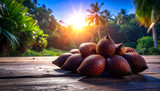 A pile of salak fruits sits on a wooden surface, bathed in warm sunlight against a backdrop of lush tropical foliage.