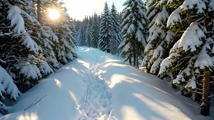 Wall Mural - arafed trail in the snow between trees with snow on them