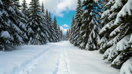 Wall Mural - there is a snow covered path through a snowy forest