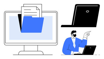 Wall Mural - computer screen displaying a folder and document, person working on a laptop, and laptop side view. 