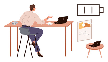 Wall Mural - person seated at desk using a laptop, engaging in discussion. features agenda board, side table with