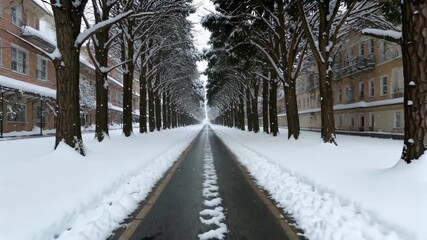Wall Mural - snowy road with trees and buildings on both sides