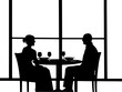 © Waqas - A silhouette of a couple dining in silence at a round table by a large window.The window casts soft gray light across the scene. The woman’s bun and the man’s bald head are distinct in profile. The t