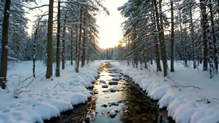 Wall Mural - arafed view of a stream running through a snowy forest