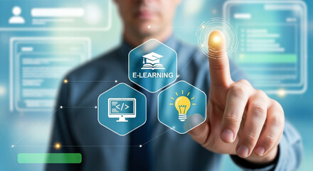 Man interacting with e learning interface with graduation cap and lightbulb icons and computer