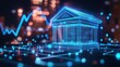 © Sarut - Glowing neon digital banking and finance building with abstract data analytics charts and graphs representing the technological innovation and digital transformation in the financial industry