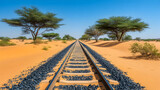 Railway tracks stretching into a desert landscape with acacia trees on either side.