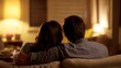 © YU - Couple sharing a cozy moment on sofa, warm lighting highlighting intimate home atmosphere.