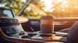 © KYR - Cozy Morning Drive with Hot Coffee in Luxury Car Interior at Sunrise, Warm Light Reflecting on Dashboard and Soft Leather Seats, Tranquil Vibes