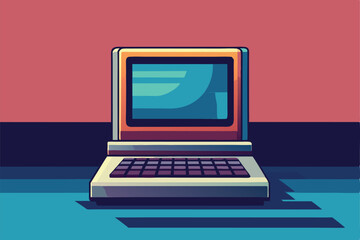 retro laptop computer with pixel art coding screen.eps