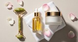 Beauty products with jade roller and rose petals arrangement