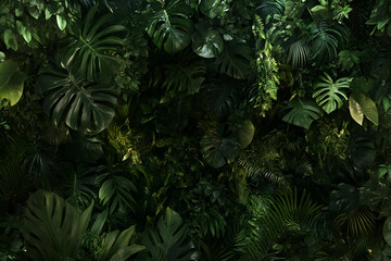  Close-up view of a lush green wall of tropical plants.