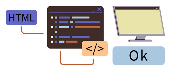 HTML tag linked to a code editor, completed with a closing tag, all connected to a computer screen and Ok status. Ideal for coding, technology, programming, learning, apps, web design workflows