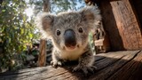 A cute baby koala close-up, gazing with wide eyes. Sunshine in the background.