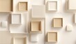 © sendok - Abstract arrangement of beige and white boxes.  Geometric shapes, various sizes, overlapping.  Modern, minimalist aesthetic.  Empty interior.  Clean, bright background