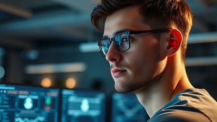 Developer working in a modern office, surrounded by blurred monitors in a clean tech environment.