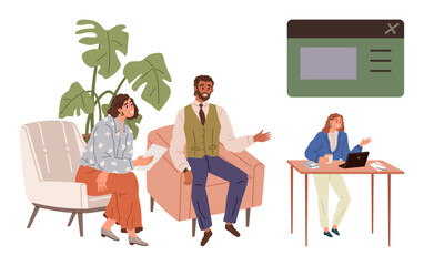 Wall Mural - professional team conversing in a cozy workspace with plants, while a woman works at a desk interfac