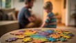 © nicole - Father and son bonding over puzzle play with pastel wooden pieces