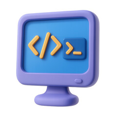 3d cartoon computer screen with coding symbols, developer programming interface icon isolated on transparent background for web and software concept