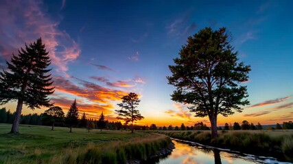 Wall Mural - trees are in the foreground of a grassy field with a stream running through it