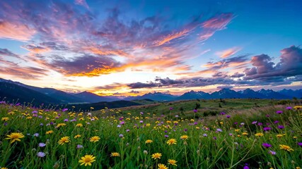 Wall Mural - a view of a field of wildflowers and mountains at sunset