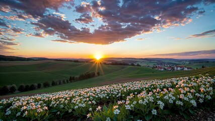 Wall Mural - a view of a field of flowers with the sun setting in the background