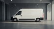 © TAMA - White commercial delivery van standing in a modern concrete garage. Side view for vehicle branding mockup and logistics transportation services.