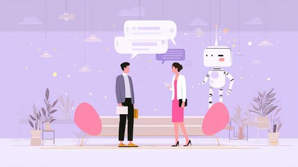 Business communication with robot, man and woman in modern office