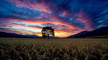Wall Mural - arafed view of a field of wheat with a lone tree in the middle