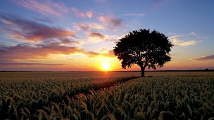 Wall Mural - arafed tree in a field of wheat at sunset