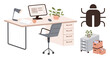 © robu_s - Workspace with desk, chair, computer monitor, lamp, plants, files, and bug icon addressing cyber threats. Ideal for cybersecurity, online safety office setup productivity risk management IT
