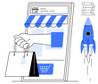 © robu_s - Hand holding shopping bags emerging from a smartphone with a storefront and rocket launching beside. Ideal for online business, marketing, startup launch, sales growth, innovation, and e-commerce
