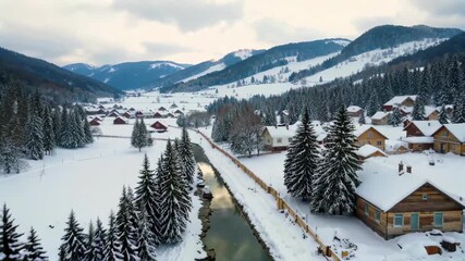 Wall Mural - snowy landscape of a small village with a river running through it