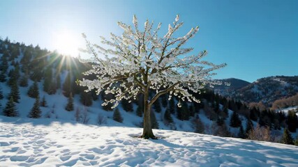 Wall Mural - arafed tree in the snow with a mountain in the background