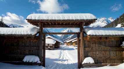 Wall Mural - snowy covered wooden buildings with a wooden gate and a snow covered mountain