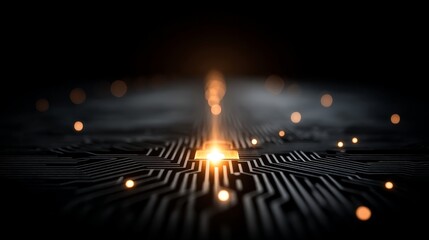 Abstract digital technology concept with dark background, golden particles,